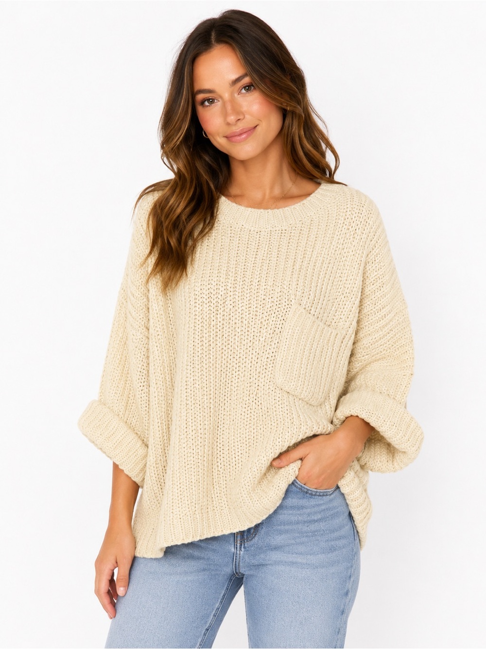 Jodifl Size Small Oversized‎ Cozy Cream Knit Sweater